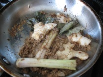fry the shallot/spice past in a pan in a little oil. After a few minutes, add the lemongrass and galangal. If the mixture starts sticking or almost burning, simply take some of that soup broth and toss it in. Season with salt too.
